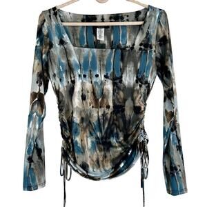 New Ariella long sleeve square neck ruched sides abstract boho grunge stretch S